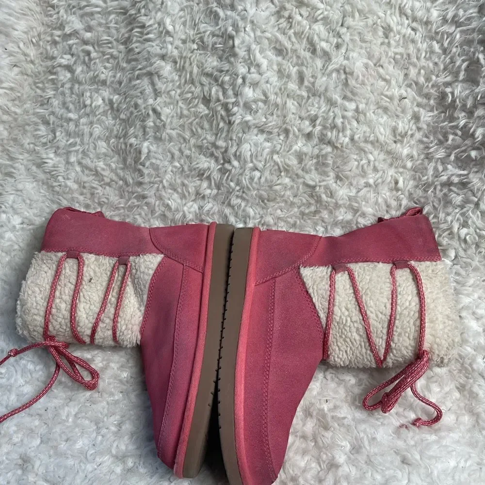 Kookaburra by UGG leather pink Girl winter boots beige fur lace up accent SZ3